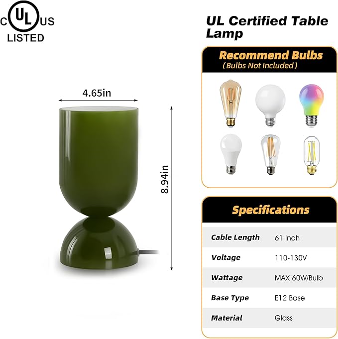 8.9" Modern Glass Table Lamp for Living Room, Desk Lamps for Bedroom, UL Listed Nightstand Lamp with Dome Base, End Table Lamps for Kids Room, Side Tables, College Dorm, Office, Glossy Green