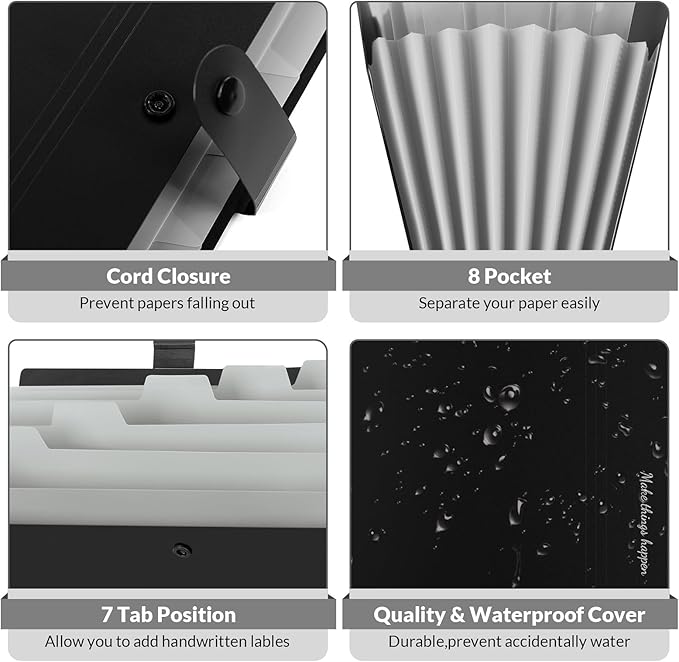 SKYDUE Expanding File Folders with Labels,8 Pockets Accordion File Organizer, Portable Document Paper Organizer, A4 Letter Size Filing Folder for Office, Pack of 4, Black