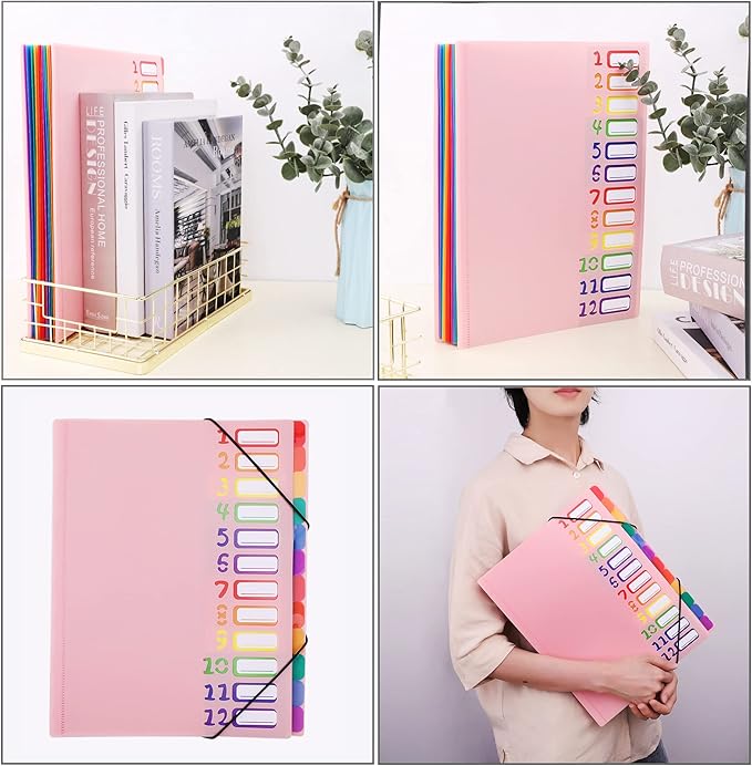 Rainbow Tab Expanding File Folder - 24 Pockets, Durable A4 Letter Size Organizer, Water-Resistant Plastic Dividers, Home/Office/School Document Holder (Pink)