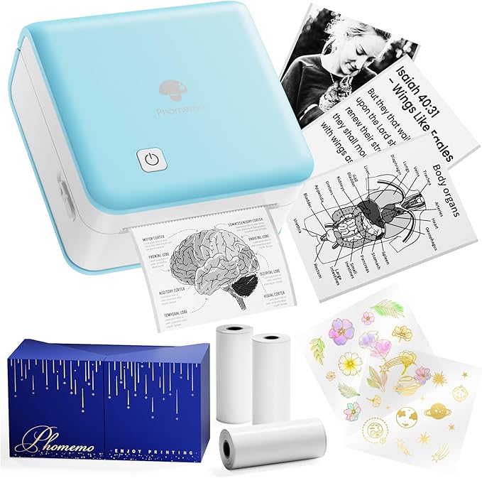 Phomemo Mini Printer Sticker Maker - Mini Sticker Printer P2S, Print Pod Pocket Machine Bluetooth Thermal Label Maker for Study Notes, Photos, List, Journal, Memo, Gift, Receipt, 3 Rolls, Cyan