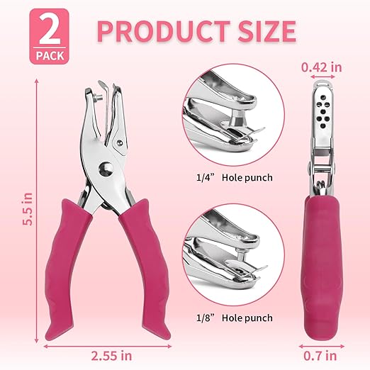 Single Hole Punch, 2 Pcs Hand Hole Puncher with Soft Grip Handle, 1/4" and 1/8" Small Hole Paper Punch for Crafts, Scrapbooks, 6 Sheets Capacity, Tags, Tickets - Rose red