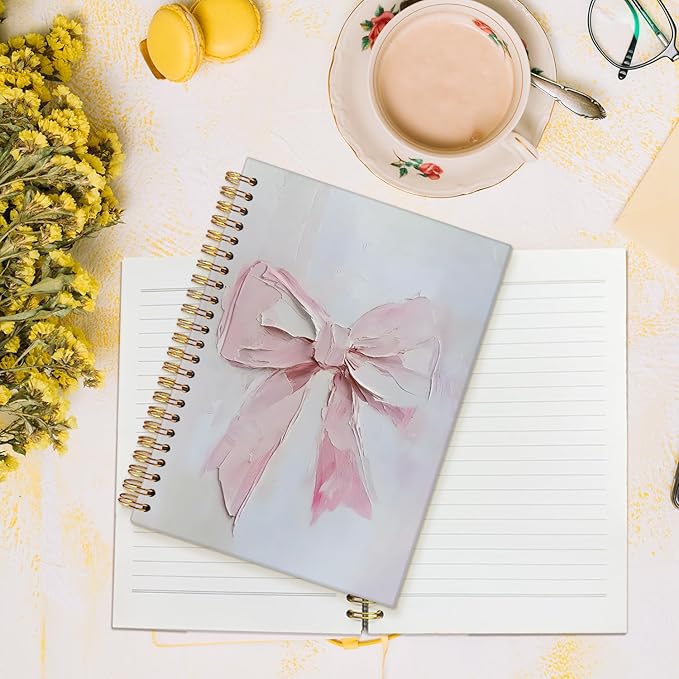 MOFUYU Coquette Pink Bow Spiral Journal Notebook,Cute Notebooks for Women,Journal for Women Bow,Pink School Supplies Hardcover Spiral Notebook 5.5x8.3 Inch