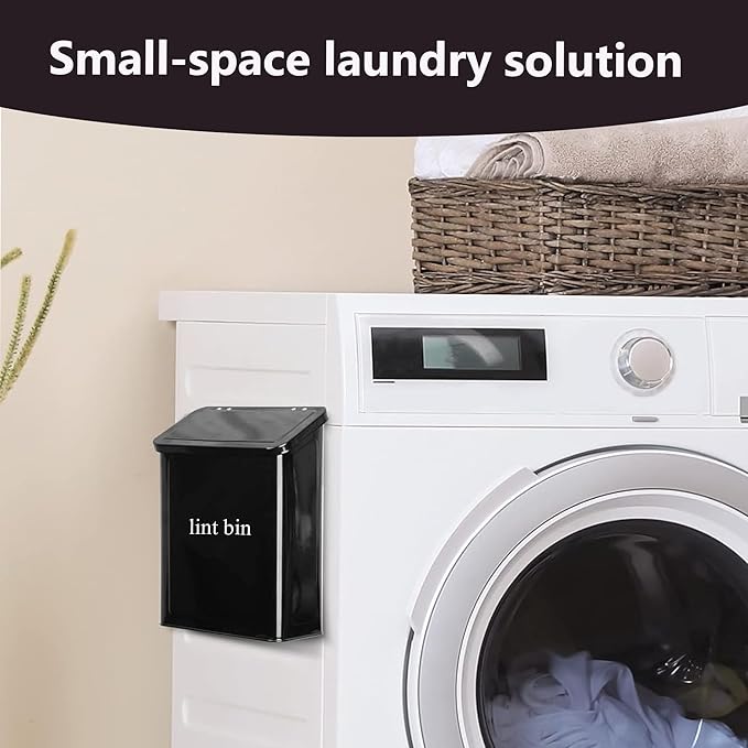 Magnetic Lint Bin with Lint Brush, two white hooks, one black back hook & all accessories for Laundry Room decor, Wall-Mounted Lint Bin with Lid, Black Powder Coated, Space-Saving Trash Can (Black)