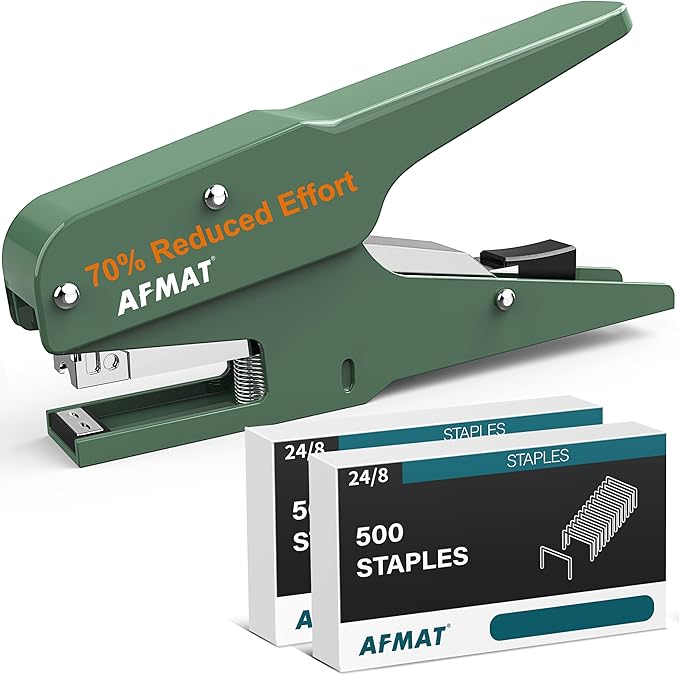 AFMAT Effortless Plier Stapler, Metal 30 Sheet Stapling Plier, 15000+ Stapling Times, with Staples & Reload Button, Handheld Stapler Heavy Duty, Space Save Size, Good for Office, Home, School, Green