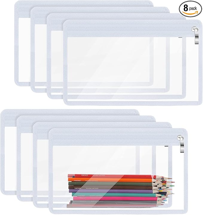 Outus 8 Pcs Clear Zipper Pouches Pencil Pouches PVC Makeup Pouch Envelopes Folder Storage Multi Purpose Pouch Document File Organization Bags, Office Supplies (White Edging, 11.5 x 7 Inches)