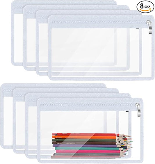 Outus 8 Pcs Clear Zipper Pouches Pencil Pouches PVC Makeup Pouch Envelopes Folder Storage Multi Purpose Pouch Document File Organization Bags, Office Supplies (White Edging, 11.5 x 7 Inches)