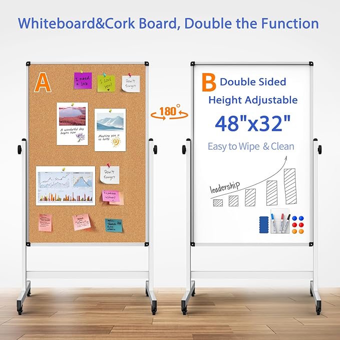 Double-Sided Whiteboard and Corkboard on Wheels, 48 x 32 Inch Magnetic Dry Erase Board with Adjustable Height Stand, Rolling Mobile Board for Office, Classroom, Presentation & Planning (Cork & White)