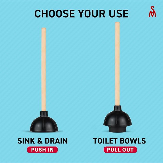 SteadMax Heavy Duty Toilet Plunger, Commercial Grade Double Thrust Force Rubber Cup with Wood Handle (22")
