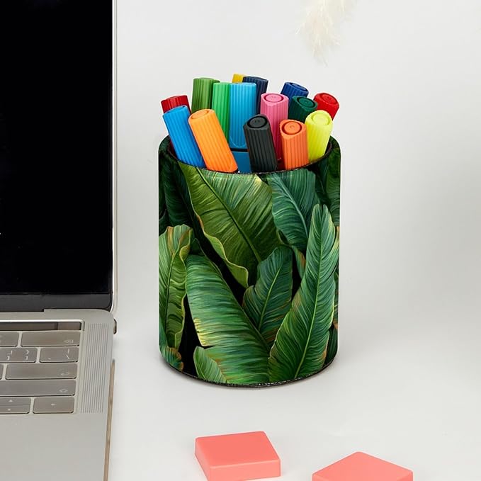 Leather Pen Holder for Desk Tropical Jungle Palm Leaves Pencil Cup Desktop Organizer Makeup Brush Holders Office Supplies for Home, Kids & School