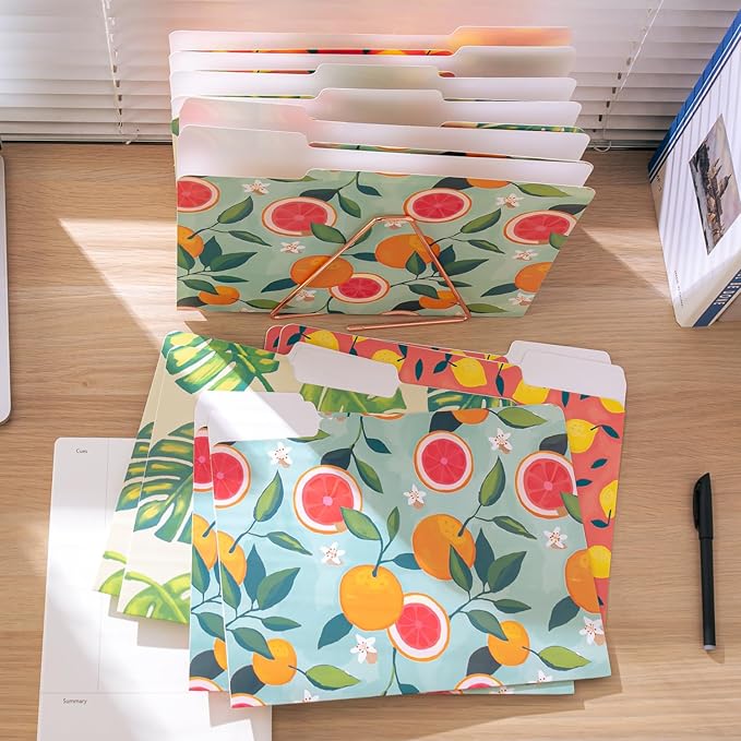 Y YOMA 12 Pack Decorative File Folders Letter Size File Folder with 1/3-Cut Tab Cute Pretty Colored Heavyweight Filing Folder File Organizers for Office School Home Desktop, Tropical Fruits