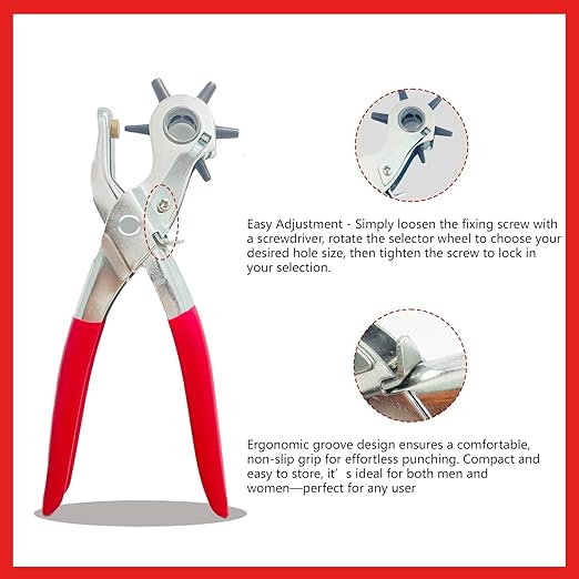 Adorox Heavy Duty Belt Hole Puncher for Leather – 6 Size Revolving Leather Hole Punch Tool with Ruler & Deburring File, Perfect for Belts, Straps, DIY Leathercraft, and Repair