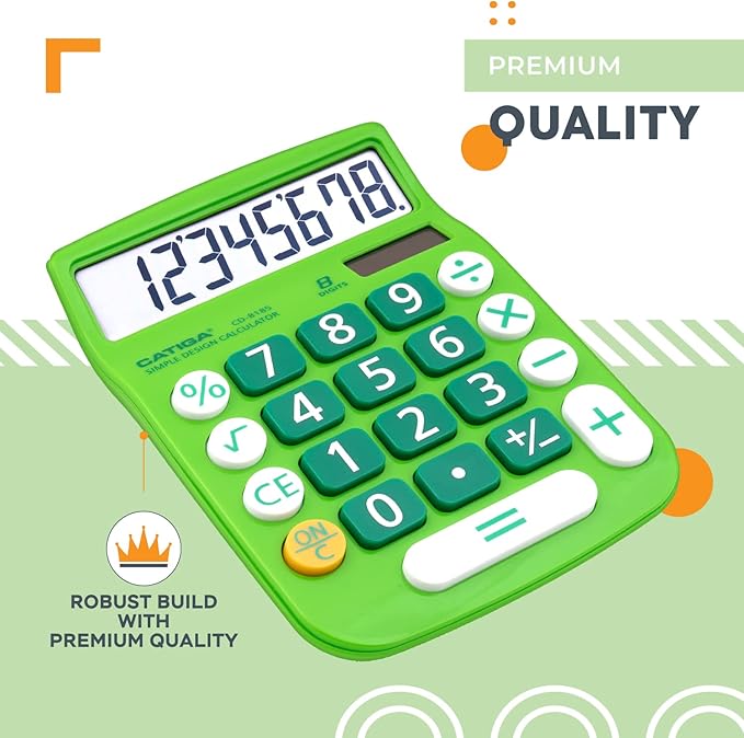 CATIGA Desktop Calculator 8 Digit with Solar Power and Easy to Read LCD Display, Big Buttons, for Home, Office, School, Class and Business, 4 Function Small Basic Calculators for Desk, CD-8185