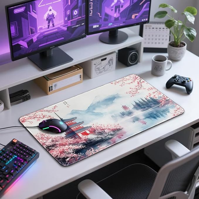 Japanese Cherry Blossom Large Gaming Mouse Pad 31.5"x15.7"｜ Mount Fuji Art XXL Desk Mat, Non-Slip Rubber Base & Stitched Edges - Extended Waterproo Mousepad for PC/Laptop/Office/Home Decor