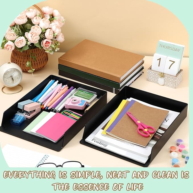 Wenqik 2 Pcs Stackable Paper Trays Rectangular Plastic Desk Holder Desktop Document File Organizer Storage Letter for Office Classroom (Black)