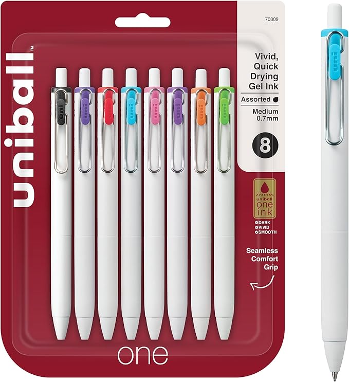 uniball uniONE Gel Pen, Retractable, Medium 0.7 mm, Inspirational Ink-Color Assortment, White Barrel, 8/Pack