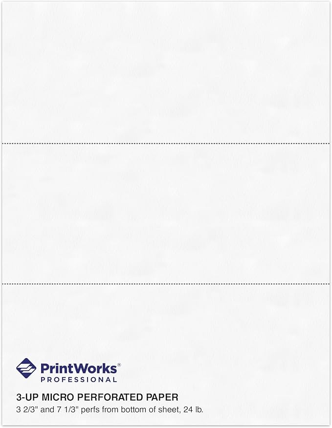 PrintWorks Professional 3 Part Perforated Paper 8.5” x 11” - Perfect For W-2, 1099, & Statement Use - Made in the USA - 2500 Sheets - 24 lb - Printer Compatible - White (04122C)