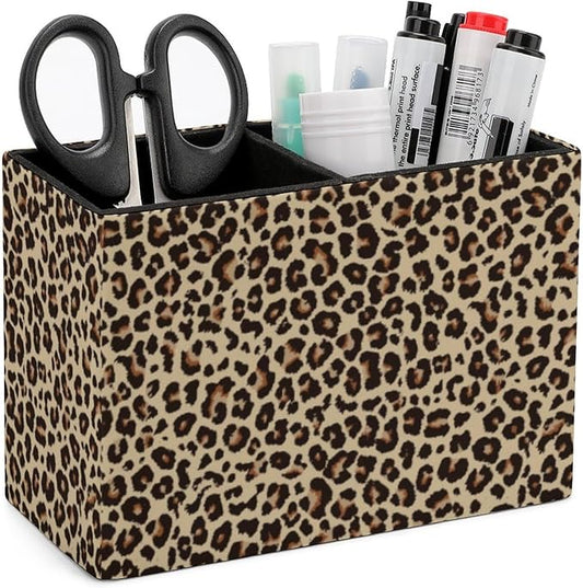 Pen Holder, Pencil Holder for Desk Organizer, Leopard Print Skin PU Leather Pencil Cups Desktop Stationery Storage Makeup Brush Holder Pen Organizer for Office Home