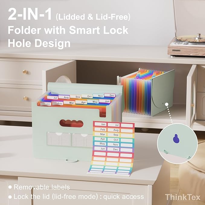 ThinkTex Accordion File Organizer, 12 - Pocket Expanding File Folders for Paper Receipts, Bills&Taxes Organizer, Letter/A4 Size Document Holder for School, Office, Home with tabs-Sage Green