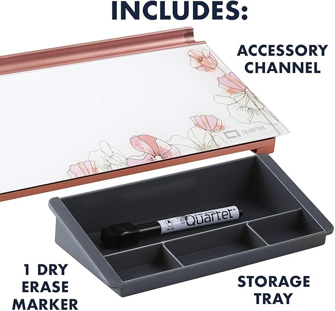 Quartet Glass Dry Erase White Board, Desktop Computer Pad for Notetaking, 18" x 6" Whiteboard, Clean Erase Surface with Storage, 1 Dry Erase Marker, Floral Pattern (GDP186P)