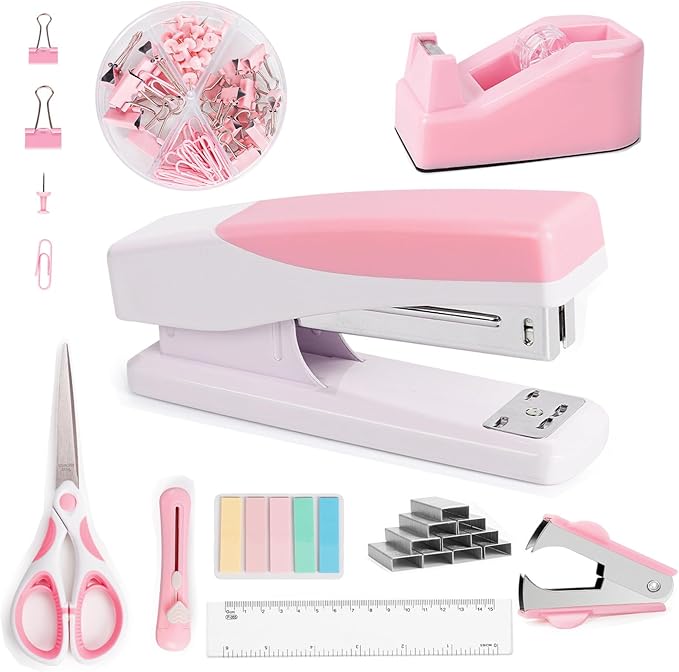 Pink Office Supplies, Pink Desk Accessories for Women, Cute Stapler and Tape Dispenser Set- Staple Remover, Clips, Staples, Scissor, Knife, Ruler, Tabs, Gift for Coworkers, Students