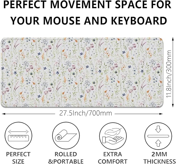 Wildflowers Flowers Mouse Pad,Large White Floral Mousepad Desk Pad with Stitched Edges,Non-Slip Waterproof Rubber Base Mouse Mat for Office Computer Keyboard Laptop Home(27.5x11.8 in)