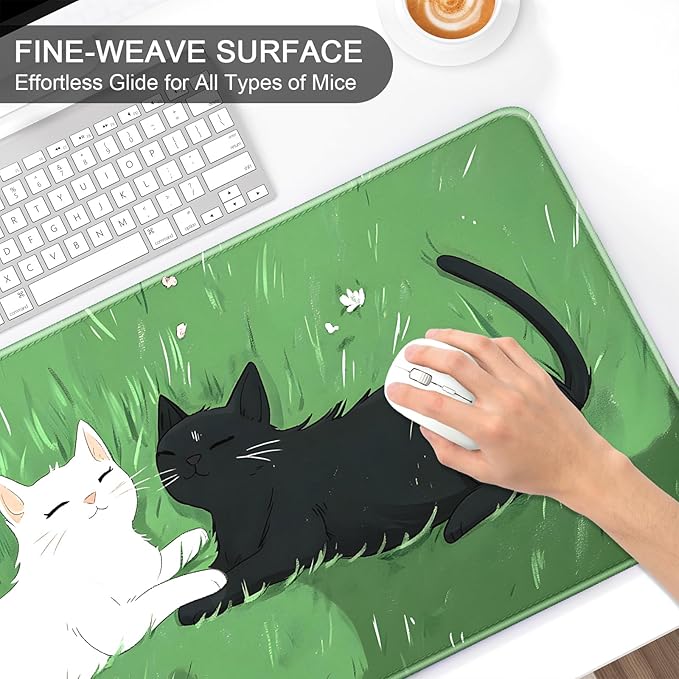 Auhoahsil Large Gaming Mouse Pad, Cute Cat Theme XXL 35.4 x 15.7 in Desk Pad Stitched Non-Slip Rubber Long Computer Mousepad Thin Extended Full Size Desk Mat for Desktop Laptop Wireless Mice, Green