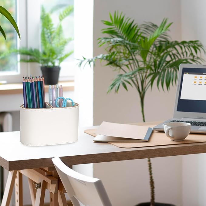 PU Leather Pen Holder, 2-Compartment Pencil Cups, Multifunctional Desk Organizer Desktop Office School Supplies Caddy for Home and Workplace Accessories, Beige