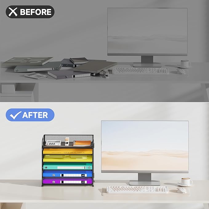 6 Tier Paper Organizer with Handle, Metal Desk Organizer Mesh Paper Letter Tray Desktop File Folder Document Sorter for Classroom, School, Office Accessories Organization and Storage - Black