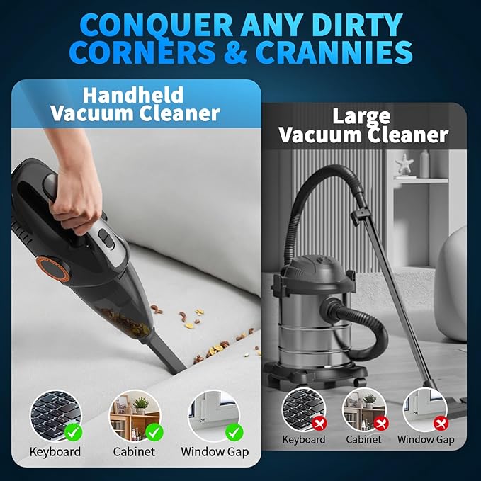 NHOWIN Handheld Vacuum Cordless, 9500PA Portable Handheld Vacuum with LED Light & 2 Filters Powerful Suction Car Vacuum Rechargeable Hand Held Vacuum Cordless for Home Office Kitchen Car Pets