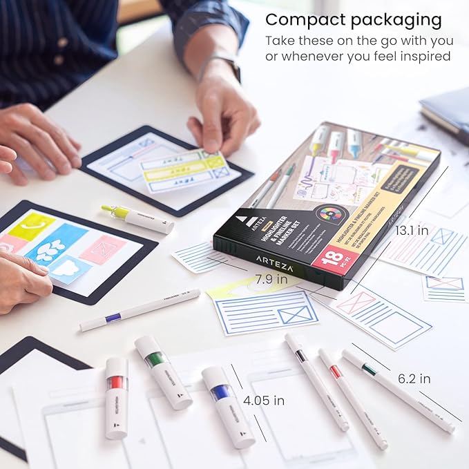 ARTEZA Highlighters – 18-Piece Set of Neon and Pastel Colors with Fineliner Pens for Journaling, Study, Planning & Note Taking, No-Bleed Ink