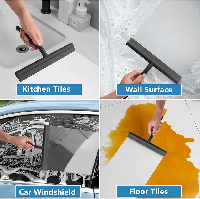 DEOFUXT Shower Squeegee for Glass Doors, Full Silicone Jacketed Squeegee with Ergonomic Handle & No-Drill Hook, Cleaning Tool for Windows, Mirrors, Tiles, Bathroom & Car - Black
