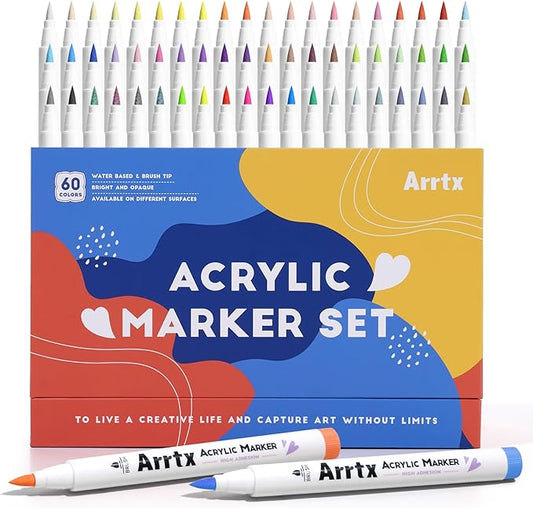 Arrtx Acrylic Paint Pens 60A,Brush Tip Acrylic Markers Set for Rock Painting,Glass,Stone,Wood,Ceramic Fabric