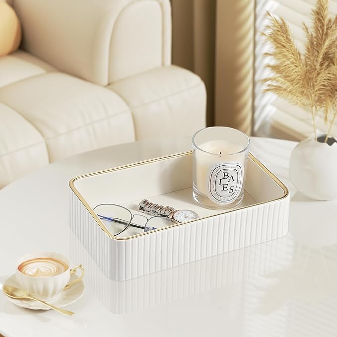 Desk Organizer Tray, PU Leather Valet Tray Nightstand Organizer Cologne Perfume Trays for Men Women, Decorative Vanity Trays Key Bowl Trinket Dish (Ivory, 9.5" x 6" x 2.2")