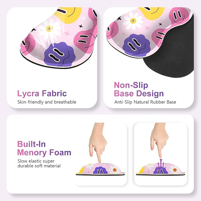 Gaming Mouse Pad Keyboard Wrist Support, 4 in1 Mousepad with Wrist Keyboard Rest, Computer Desk Mat, Non-Slip Desk Pad Protector with Memory Foam Easy Typing Pain Relief I Cute Hippie Smiley