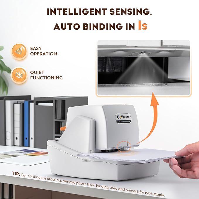 CGOLDENWALL Automatic Heavy Duty Electric Stapler, 70-75 Sheets Capacity, with 6000 Staples, Flat Clinch Jam Free, Speed & Margin Adjustable, 5000 Staples Large Cartridge