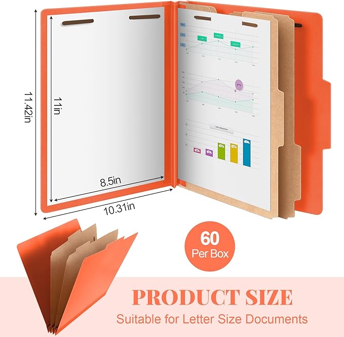 60 Pcs Classification Folders Letter Size, 2 Divider Pressboard File Folders with 3. 5 Inch Expansion, 2 Prongs Fastener, Heavy Duty Office File Organizers for Teachers, Medical (Orange)