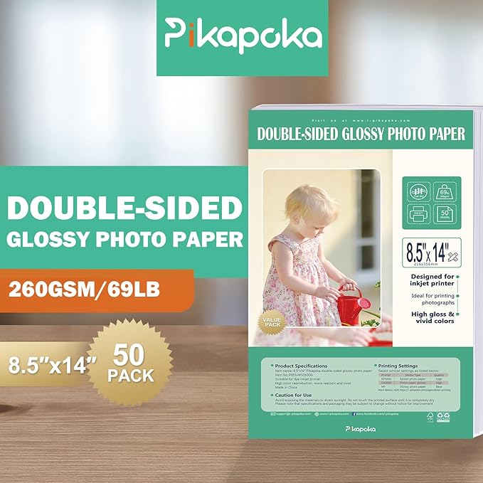 Double Sided Glossy Photo Paper 8.5 x 14 Legal Size for Inkjet Printer, 50 Pack, 260gsm/69lb