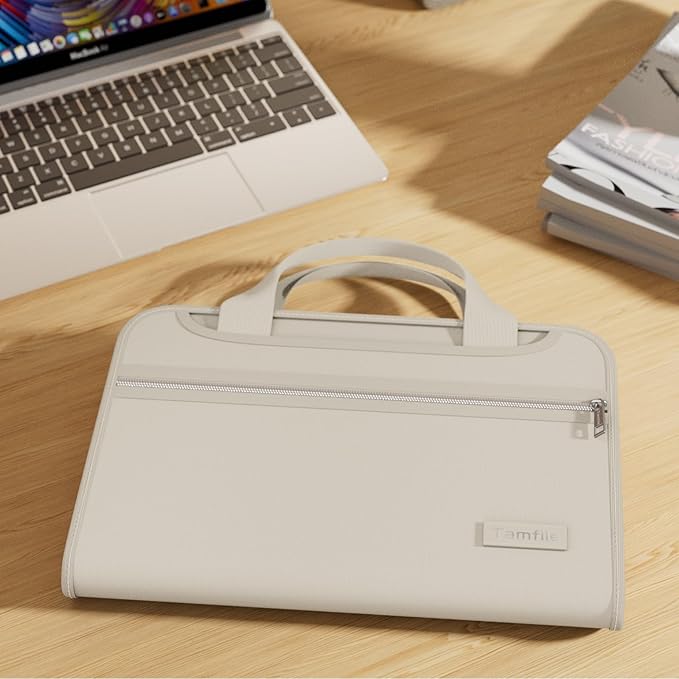 Tamfile Fireproof Accordion File Organizer with Handle, 13 Pocket Expanding File Folder with Zipper & Labels, File Folder with Multi-Pockets Paper Organizer Folder for Letter A4 Files, Beige