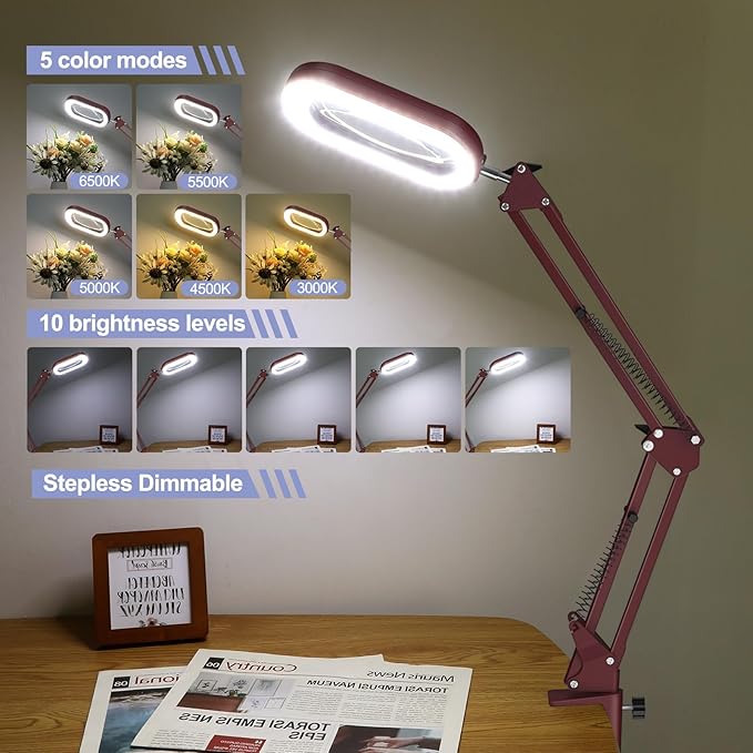 10X Square Magnifying Glass with Light and Stand, Real Glass LED Lighted Magnifier, 5 Color Modes Stepless Dimmable, Hands-Free Mag Desk Lamp with Clamp for Reading Craft Hobby Close Work - Red