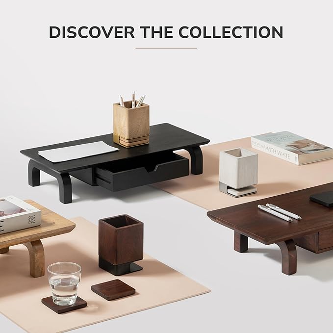 Anji Mountain Mango Wood Pen Holder with 2 Coasters, Stained Wood & Powder Coated Metal Pen Holder, Sustainable Room Decor Desk Organizer, Stylish Designer Pencil Case for Office Supplies