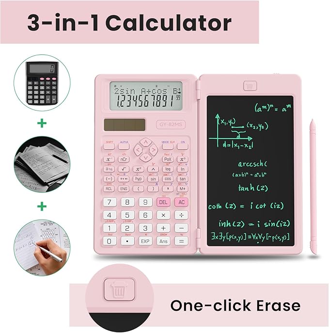 Scientific Calculators for School with Notepad, ROATEE Pink Cute School Supplies for Girls Middle and High School Stuff for Student, 240 Functions 82 MS Foldable 2-Line Display Solar and Battery Power