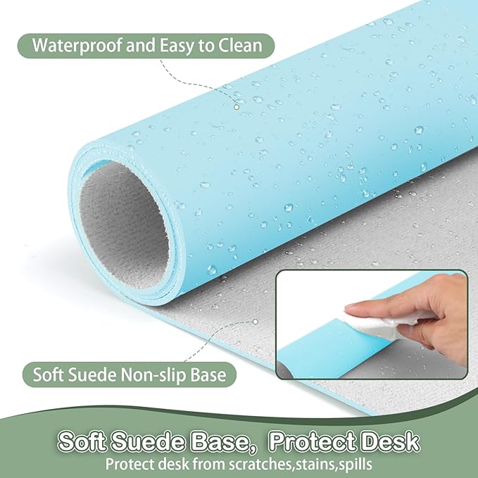Boutilon Leather Desk Pad Protector,Non-Slip Mouse Pad,Laptop Desk Pad,Office Mouse Mat,Waterproof Leather Desk Blotter,Desk Writing Pad for Office and Home (XL-Light Blue,35.4"x 15.7")