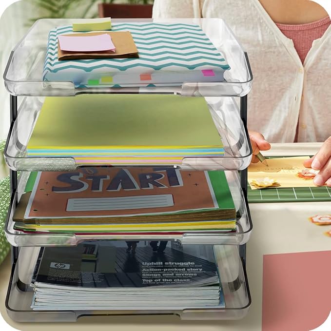 Acrimet Traditional 4 Tier Letter Tray, Front Load Design, A4 Letter Size, Desktop Organizer (Plastic) (Clear Crystal Color)