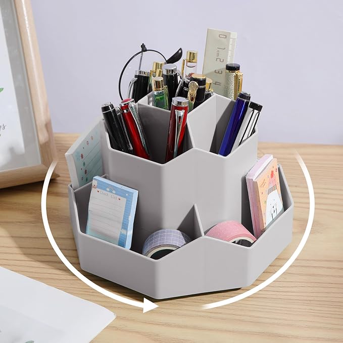 INSTOME Desktop Organizer with Pencil Holders,360°Rotating Pen Holder for Desk Organizer,9 Compartments and Makeup Brush Holders,Multifunctional Office Supplies for Home,Teachers and School (Gray)
