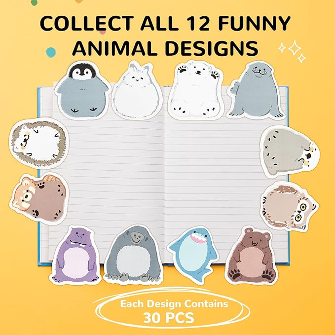 M&G 12 Pads Animal Sticky Notes Set, 360 Sheets Cute Cartoon Memo Pads with Foldable Stand, 30 Sheets/Pad, Chubby, Puffy & Beamy Animal Designs,3×2 Inch Self-Stick Notes for School, Office, Home