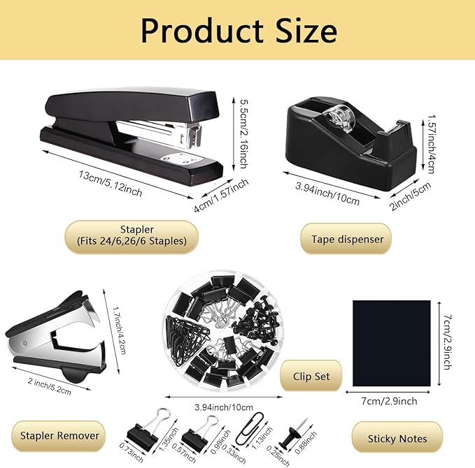Office Supplies,Desk Accessories,Tape Holder,Stapler,Scissor,Staple Remover,Box of Binder Clips,Staples,Ballpoint Pen,Sticky Notes,Clear Tape,Ruler,Office Supplies Set(Black)