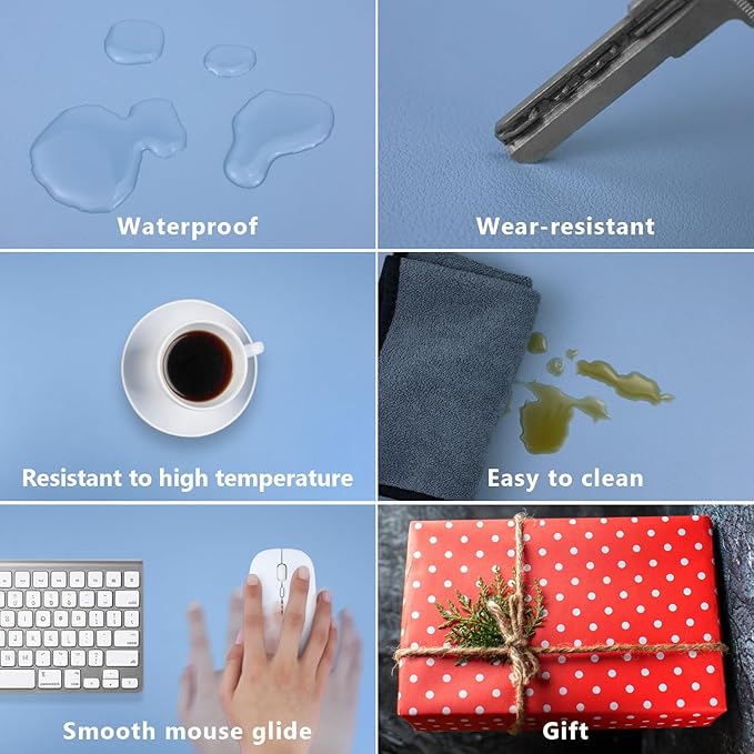 Light Blue 35.4"x17" PU Leather Non-Slip Desk Pad Mat for Desktop, Large Mouse Pad, Easy to Clean, Easy to Carry, Smooth Surface, Fashionable and Durable Desk Accessories