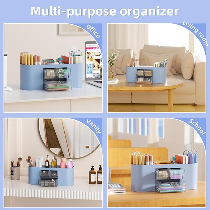 Marbrasse Desk Organizer Pen Holder for Desk with 3 Drawers, Multi-Functional Pencil Holder, Desk Organizers and Accessories with 7 Compartments for Home, School, Classroom(Blue)