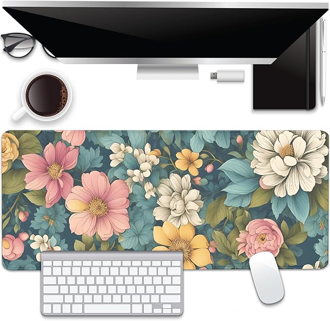 Colorful Flowers Desk Pad Mouse Pad,Large Floral Mouse Mat with Stitched Edges,Non-Slip Rubber Base Mousepad for Office PC Keyboard Laptop and Home Work Desk Mat(27.5X11.8 in)