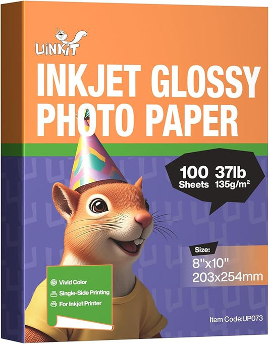 Uinkit 37lb Thin Flyer Paper Glossy 8x10 Inkjet 100 Sheets Single Side DIY Chip Bag 135gsm Photos Picture for Inkjet Printer with Dye Ink Brochure (8X10X100)